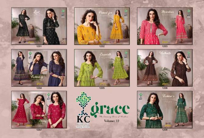 Kc Grace 12 Latest Fancy Designer Ethnic Rayon Printed Designer Long Kurti Collection
